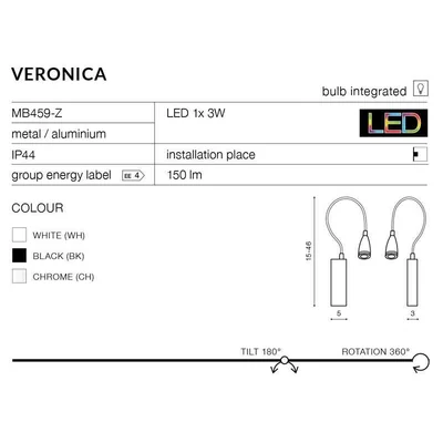 VERONICA Kinkiet 46cm 3W 3000K 150lm LED zintegrowany IP44 czarny